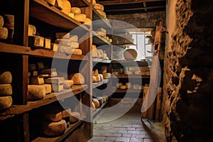 artisanal cheese aging in wooden shelves at a cellar
