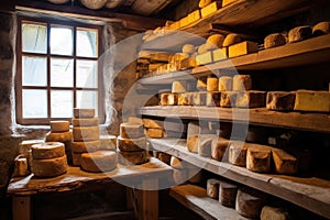 artisanal cheese aging in wooden shelves at a cellar