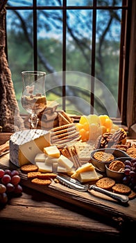 Artisanal Cheese Board with Grapes and Crackers