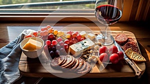 Artisanal Cheese & Charcuterie Platter with Grapes & Tomatoes on Wooden Board