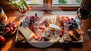 Artisanal Cheese & Charcuterie Platter with Grapes & Tomatoes on Wooden Board