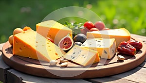 Artisanal cheese platter with fine cheeses and fresh fruit garnishes