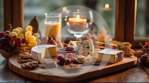 Artisanal Cheese Platter on Rustic Board with Wine and Grapes