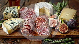 Artisanal cheese and salami platter with figs.