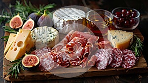 Artisanal cheese and salami platter with figs.