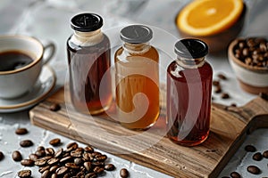 Artisanal coffee syrups in glass bottles beside a cup of coffee on a wooden tray