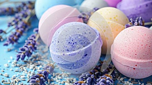 Artisanal colorful spa bath bombs with lavender flowers