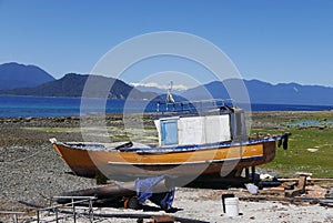 Artisanal fishing boats in HualaiuÃ©, Los Lagos region, Southern Chile