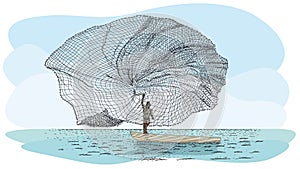 Artisanal fishing technique in river called Atarraya - Fishing net in Spanish language: Silhouette of man on a small canoe