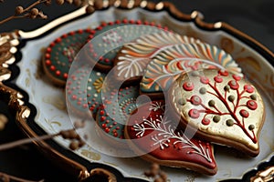 Artisanal iced cookies on elegant tray photo