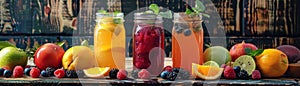 Artisanal juice bar scene vibrant juices in mason jars