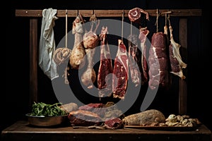 Artisanal Meat Cuts Displayed on Wooden Rack with Fresh Herbs and Spices