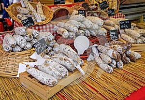 Artisanal pork sausage at Cours Saleya farmers market in Nice, South of France