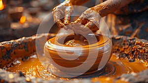 Artisanal Potters Wheel and Clay Blending Craftsmanship The wheel blurs with the clay photo