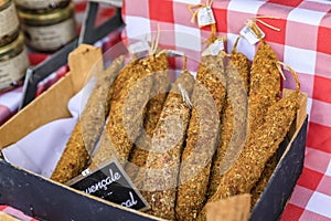 Artisanal sausage at Cours Saleya market in the Old Town Nice, France