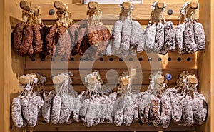 Artisanal sausages at a butcher shop on the Grande Ile of Strasbourg, France