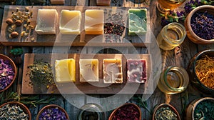 Artisanal soap bars displayed among natural ingredients on a rustic wooden table, lit by warm sunlight. Herbal soap