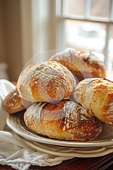 Artisanal Sourdough Bread Loaves on Rustic Wooden Board