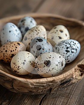 Artisanal speckled quail eggs in artisan wooden bowl, organic food concept on a textured wood backdrop.