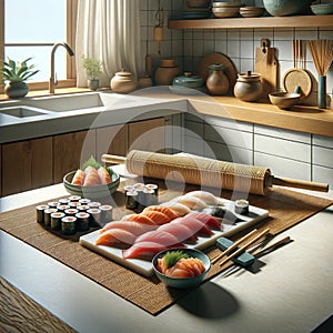 Artisanal Sushi Preparation: Seafood and Tools in Stylish Kitchen