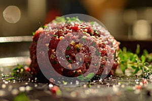 Artisanal Tartare Seasoned with Fresh Herbs, Spices and a Hint of Lime on Slate