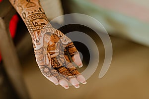 Artist applying henna tattoo on women hands. Mehndi is traditional Indian decorative art. Close-up