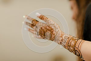 Artist applying henna tattoo on women hands. Mehndi is traditional Indian decorative art. Close-up