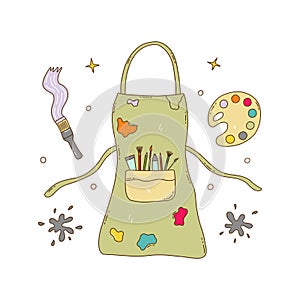 Artist apron. Pocket with brushes, pencils, paint tube. Vector