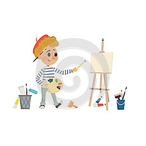 Artist Boy drawing and painting picture with brush and palette on the easel. Children art and design school concept. Cartoon