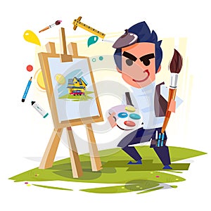 Artist boy painting on canvas with art icons. character design.