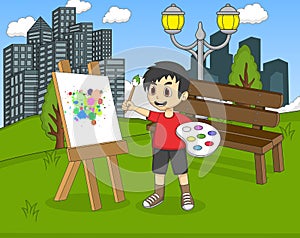 Artist boy painting on canvas in the park cartoon