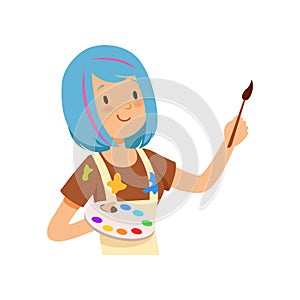 Artist character, girl with blue hairs holding palette and paint brush vector Illustration