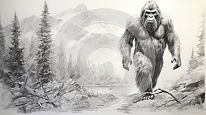Realism Sketch Of Bigfoot: Monochrome Landscape Drawing By Daveb
