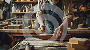 Artist creates wood art using hardwood surface in workshop AIG41