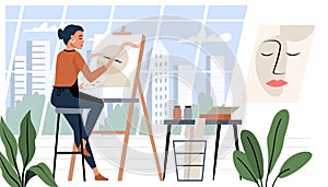Artist creating canvas picture. Flat vector. Woman in art studio with paint and brush.
