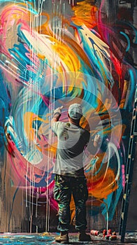 Artist creating a vibrant, abstract mural with a swirl of colors on a wall, spray cans at his feet, embodying creativity