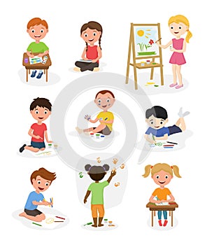 Artist cute kids vector paint art child creative drawing artwork painter kid boys and girls art people cartoon childhood