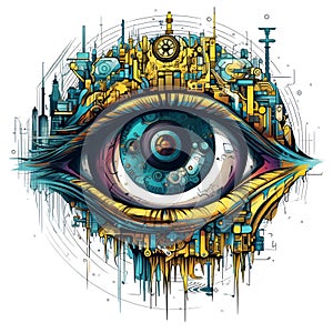 Artist-designed mechanical eye on a white background, AI-generated.