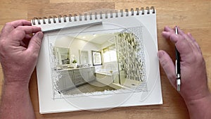 Artist Designer Watches Custom Bathroom Drawing Transitioning to Photograph on Pad of Paper