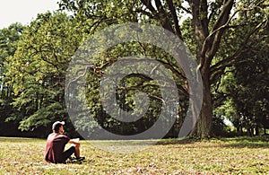 Artist drawing the old huge tree in the park - man sitting on the grass in the nature