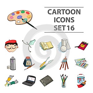 Artist and drawing set icons in cartoon style. Big collection of artist and drawing vector symbol stock illustration