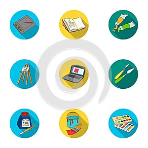 Artist and drawing set icons in flat style. Big collection of artist and drawing vector symbol stock illustration
