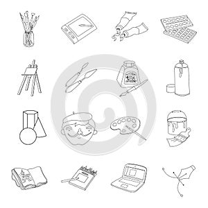 Artist and drawing set icons in outline style. Big collection of artist and drawing