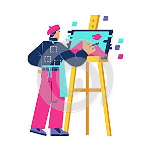 Artist draws on canvas, standing at the easel flat vector illustration isolated.