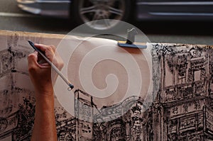 Artist draws a glimpse of the city with a pencil