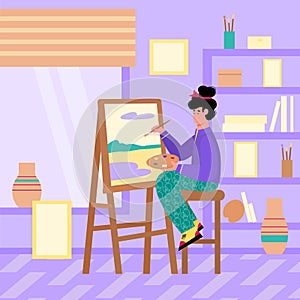 Artist female character painting on canvas, flat vector cartoon illustration.