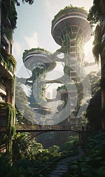 Artist a futuristic city conceptual art and lush garden spaceship architecture. AI generated