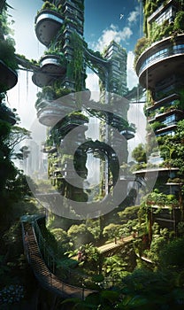 Artist a futuristic city conceptual art and lush garden spaceship architecture. AI generated