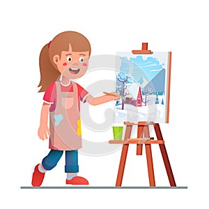 Artist girl kid painting winter picture on canvas