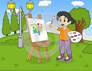 Artist girl painting on canvas in the park cartoon